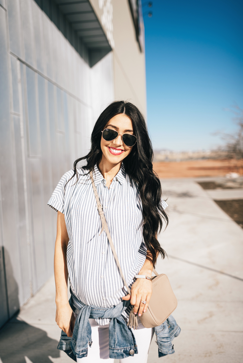 Brittany Maddux - Madewell Central Striped Shirt with White Jeans