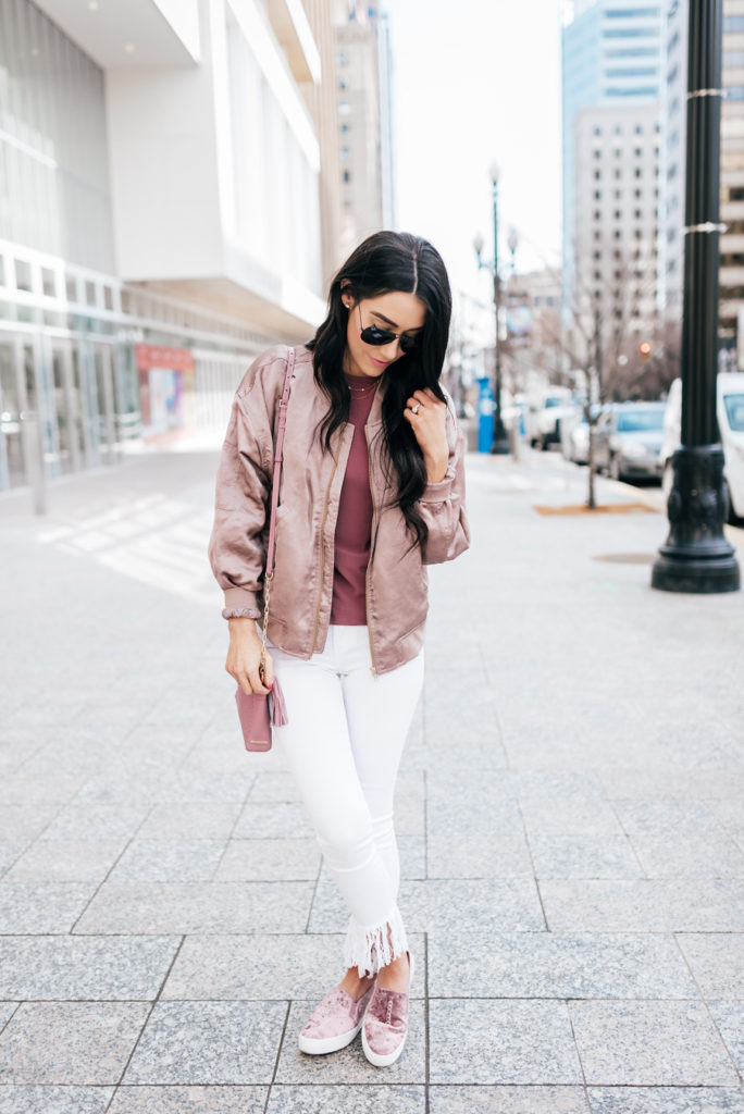 How to Style a Blush Bomber with White Denim - Brittany Maddux