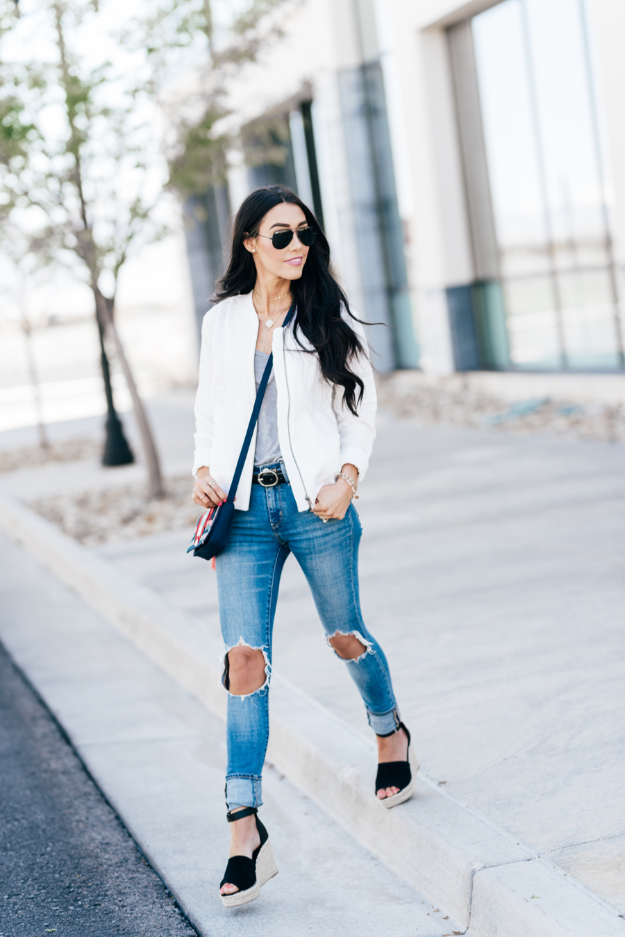 White Linen Bomber Jacket in the Summer - Brittany Maddux